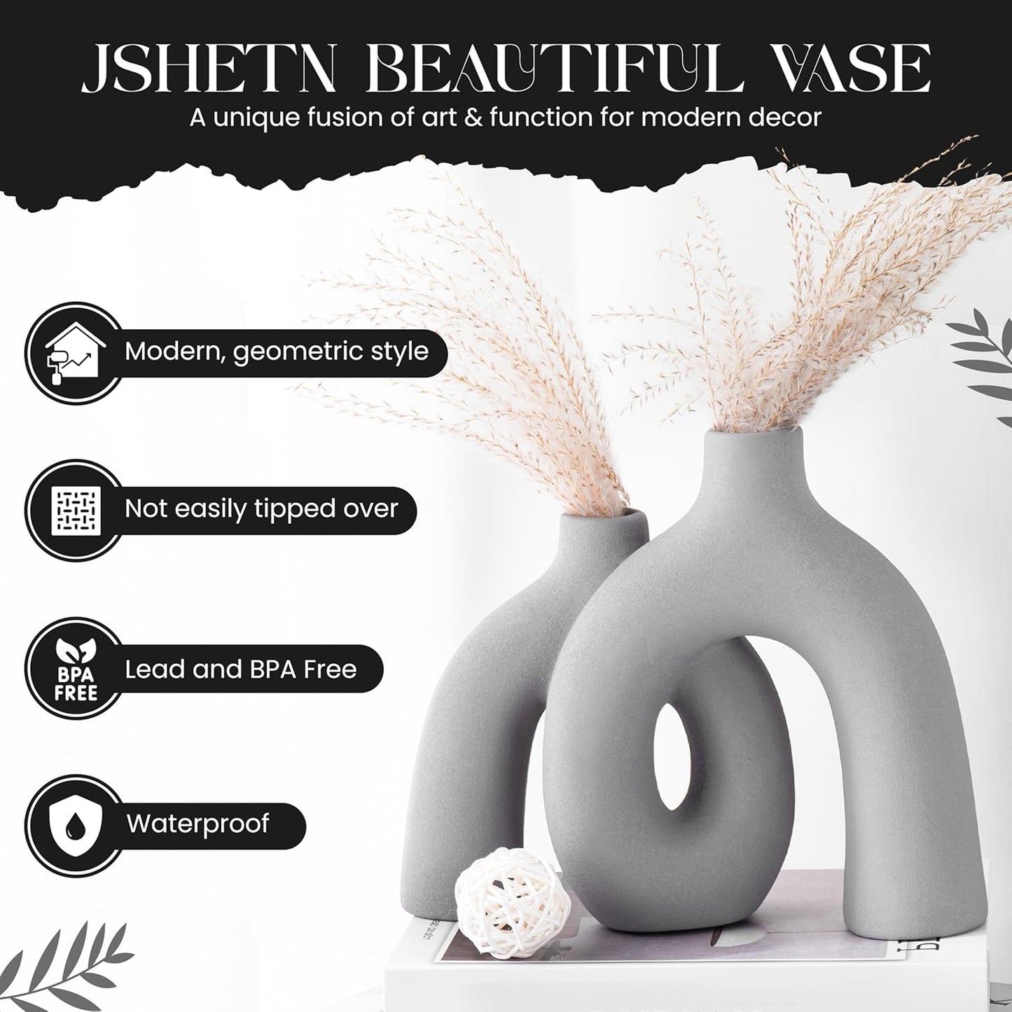 Ceramic Hug Vase (Soft Gray) Modern Donut Style Hugging Vases for Flowers Minimalist Decor – Hollow Ceramic Waterproof Home Decor Vases for Living Room, Bed Room, Book Shelf, Entryway Table.