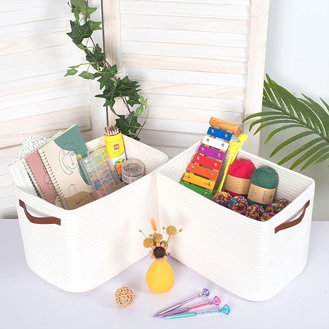 MINTWOOD Design 3-Pack Decorative Woven Storage Baskets for Shelves, Cube Bin Box for Organizing Books, Shoes, Dog Toys, Pantry Closet and Living Room Organizer, Creamy White