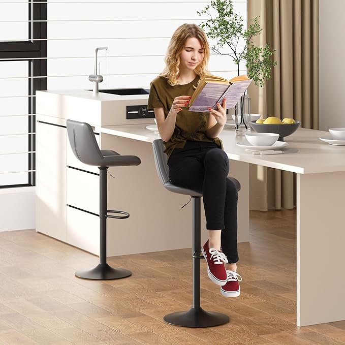 JAMFLY Bar Stools Set of 2, Swivel Bar Height Chairs Set of 2, Adjustable Tall Leather Bar Stools for Kitchen Island, Grey