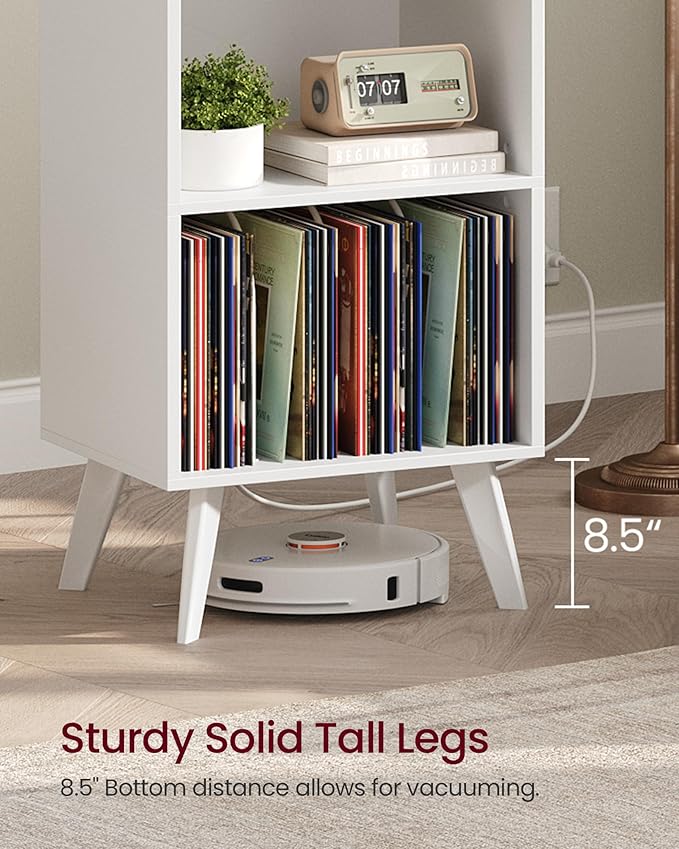 Record Player Stand, 3-Tier Side End Table with Charging Station, Turntable Stand Up to 160 Albums, Vinyl Storage Cabinet Dispaly Shelf for Living Room, Classic White