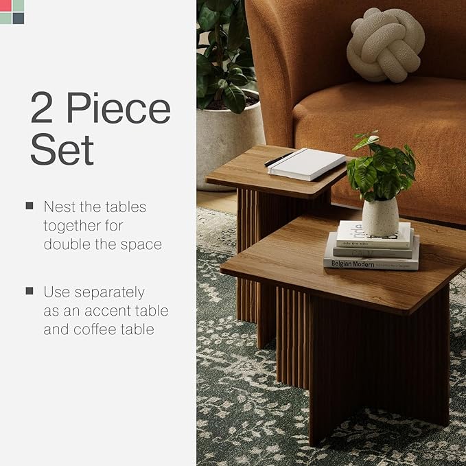 Living Room Table Set - Square Fluted, Natural Oak, 2-Piece - Nesting & Coffee Tables for Living Room