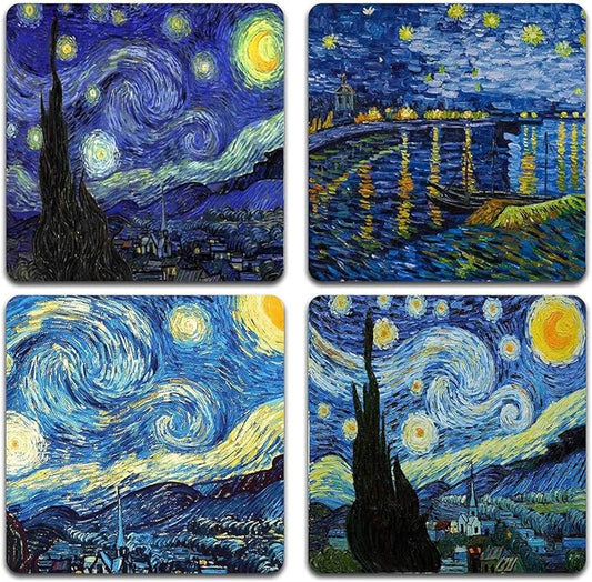 Van Gogh Style Watercolor Painting Square Coaster Set - Made of Recycled Rubber - Set of 4