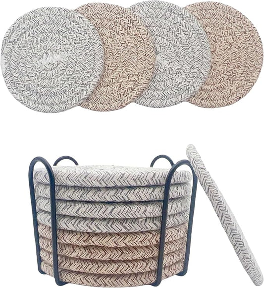 8 Pcs Drink Coasters with Holder, Coasters for Coffee Table, Absorbent Coaster Set for Living Room Decor Tabletop Protection, Coaster Set 4 - Color Cup (Gray & Brown)