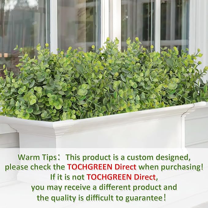 TOCHGREEN 8 Bundles Artificial Eucalyptus Leaves Plants Outdoor UV Resistant Faux Plastic Boxwood Shrubs Fake Greenery Plants for Home Farmhouse Porch Patio Window Garden Decoration (Green)
