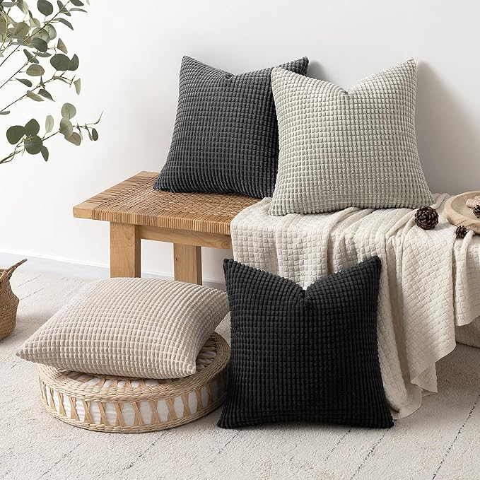 MIULEE Neutral Cream/Grey Decorative Pillow Covers 18x18 Inch Set of 4 Boho Western Farmhouse Throw Pillows Corduroy Couch Pillowcases Industrial Home Decor for Sofa Living Room Bed