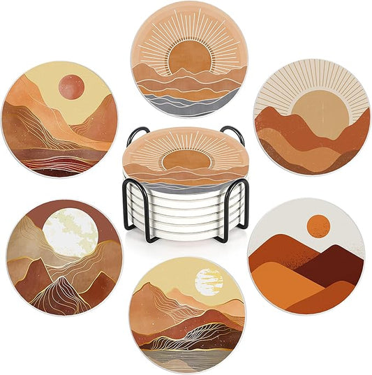 6 Pcs Coasters for Drinks with Holder, Boho Mountain Sun Absorbent Ceramic Coasters with Cork Base,Cute Funny Table Drinks Coasters Tabletop Protection Mat,Table Home Decor,4 Inches