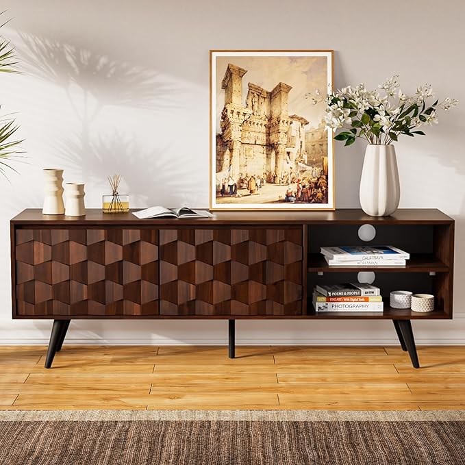 Bme Georgina 65 Inch Solid Wood TV Stand, Under 10 Minutes Assembly Entertainment Center with Storage, Geometric Pattern TV Console for Living Room, Bedroom, Dinning Room - Walnut