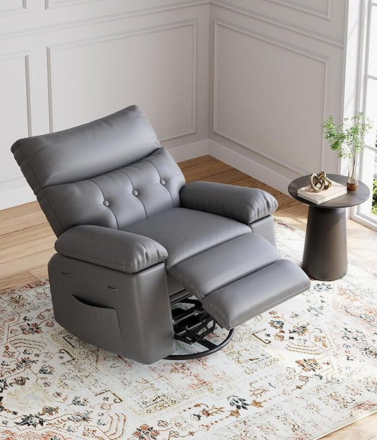 GarveeHome Oversized Rocker Swivel Recliner Chair - PU Leather Extra Wide Manual Recliner for Adults, Large Lazy Chair with 1.5X Sponge Comfort Arm and Back for Living Room, Bedroom