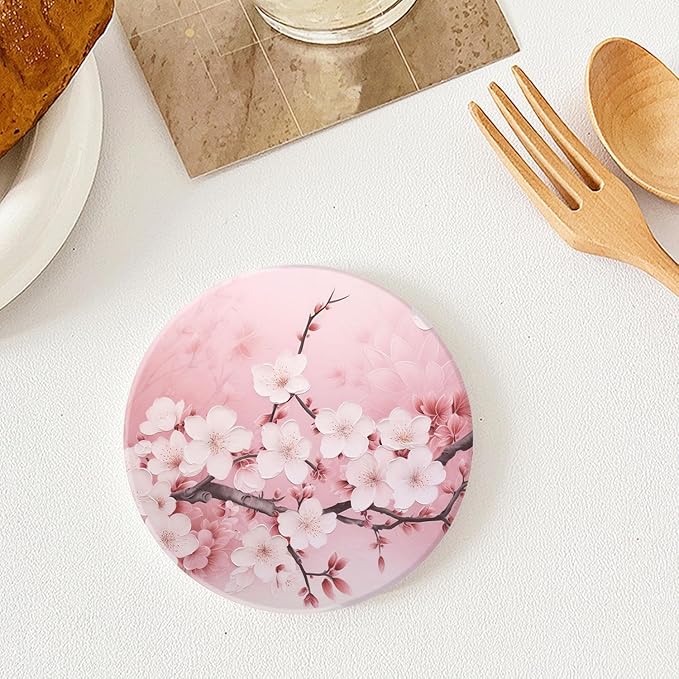 Drinking Coasters with Holder Round Water Absorbent Marble Ceramic Coasters Tabletop Protection(Cork Base),Blooming Pink Cherry Blossom Flowers,Suitable for Various Mugs,Home Decor，4 Inch