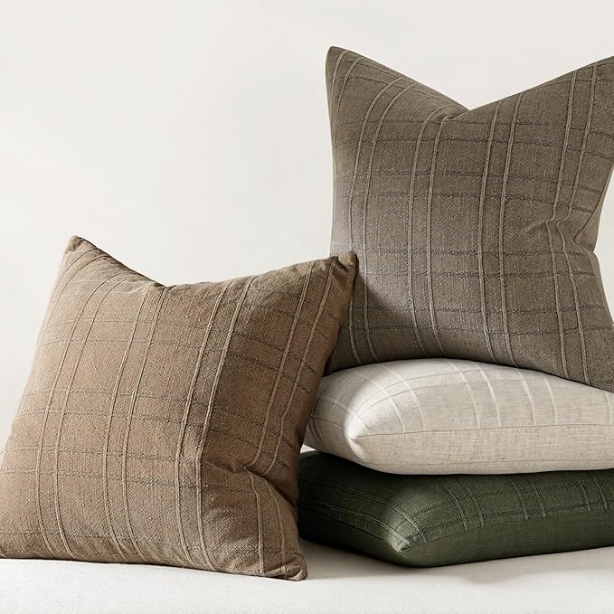 MIULEE Decorative Linen Check Euro Shams Throw Pillow Covers Neutral Farmhouse Vintage Pillow Covers 24x24 Set of 2 Boho Modern Winter Home Decor for Sofa Couch Bedroom Cushion Light Brown