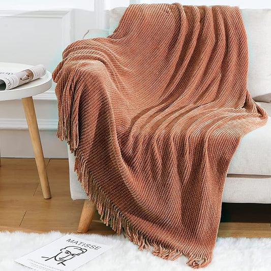 Blagic Knitted Throw Blanket for Couch Soft Farmhouse Boho Throw Blanket with Tassels Home Decorative Lightweight Throw Blankets,Maple Brown Throws for Bed/Chair/Sofa, Stripe Textured,50" W x 60" L