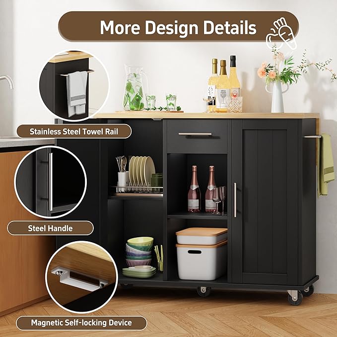 Shintenchi Kitchen Island with Storage, Bar Cart Cabinet Island Table on Wheels, Rolling Microwave Cart for Kitchen with Drop Leaf, Drawers, Towel Rack, Seating Area for Dining Room, Black