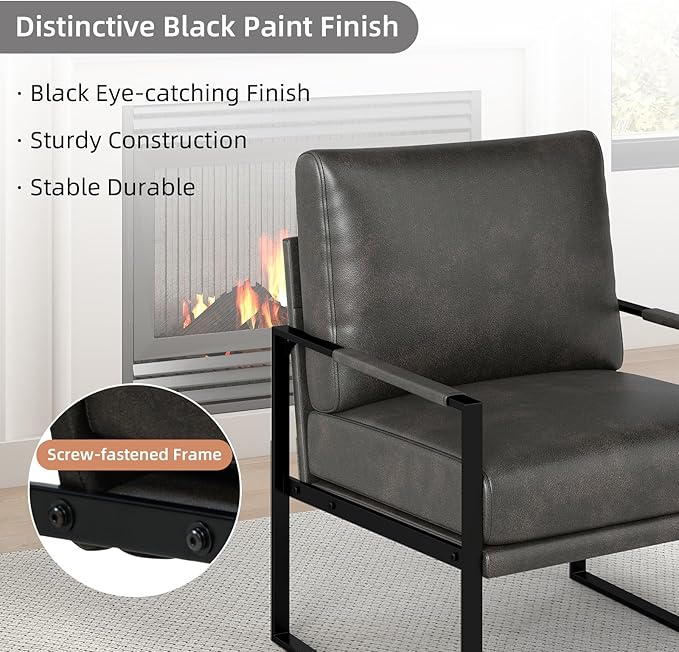 Phoenix Home Mid Century Modern Faux Leather Accent Chair, Metal Framed Armchair with Extra Soft Removable Seat Cushion & Backrest for Living Room Bedroom Waiting Room, Easy to Clean, Gray