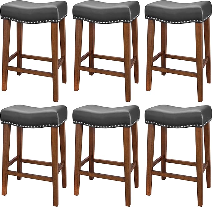 PrimeZone Counter Height Bar Stools Set of 6 - Backless Saddle Barstools with 4.3" Thick Upholstered, Nailhead Trim Faux Leather & Solid Wood Legs, 26 Inch Counter Stools for Kitchen Island, Black