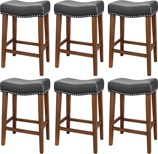 PrimeZone Counter Height Bar Stools Set of 6 - Backless Saddle Barstools with 4.3" Thick Upholstered, Nailhead Trim Faux Leather & Solid Wood Legs, 26 Inch Counter Stools for Kitchen Island, Black