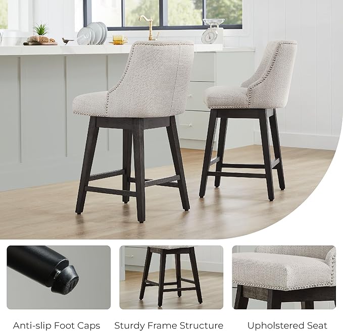 CHITA Counter Height Swivel Bar Stools, FSC Certified Upholstered Counter Stools, Modern Swivel Barstools with Wood Legs for Kitchen Island, 26" Seat Height, Fabric in Ivory