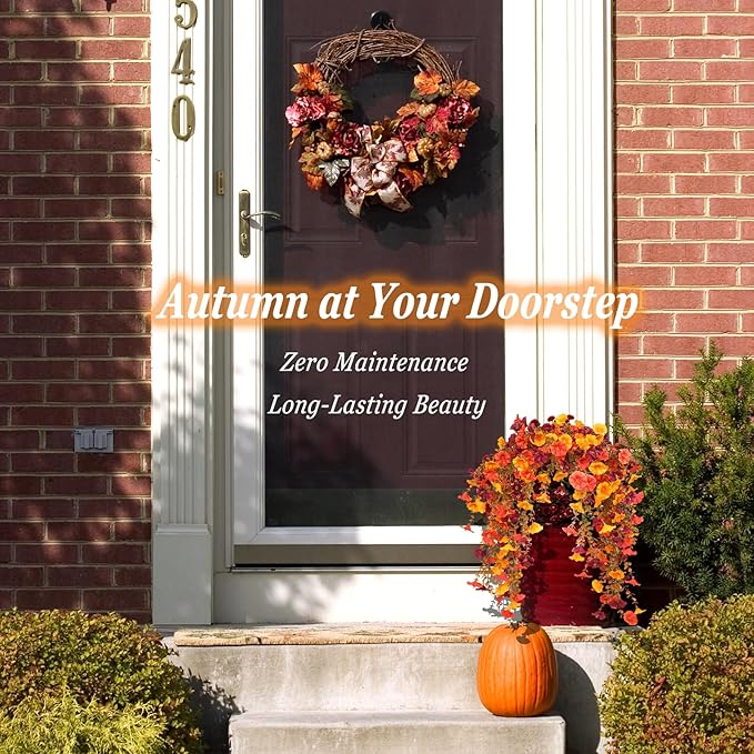 Artificial Mums for Outdoors, 4 pcs Fall Faux Flowers for Outdoor Planters, Fake Mums with Eucalyptus Leaves for Yard Patio Lawn Garden, Fall Porch Decor, Autumn Morning Glory Silk Flowers