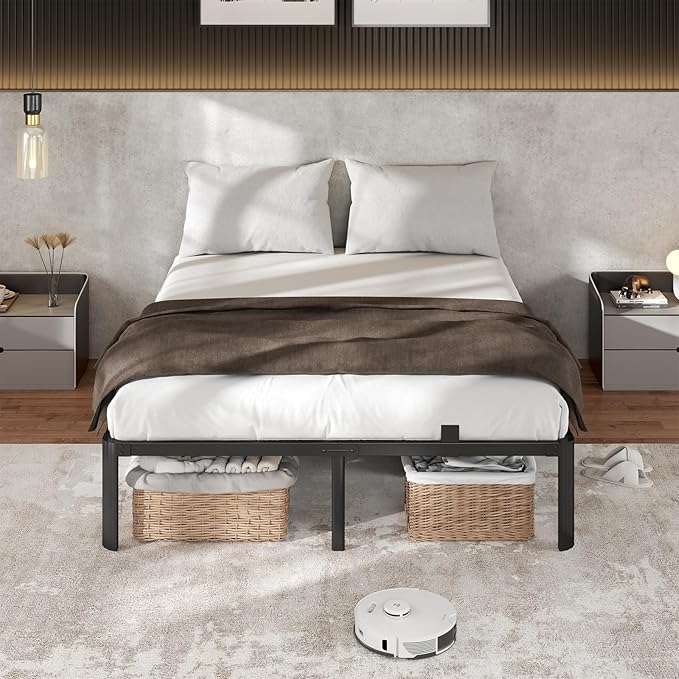 Metal Bed Frame Full Size, 14 Inch 3500 lbs Heavy Duty Platform Bed FramesSteel Slats Noise Free No Box Spring Needed, Easy Assemble Sturdy Bedframe Rounded Corner with Storage and Mattress Retainers