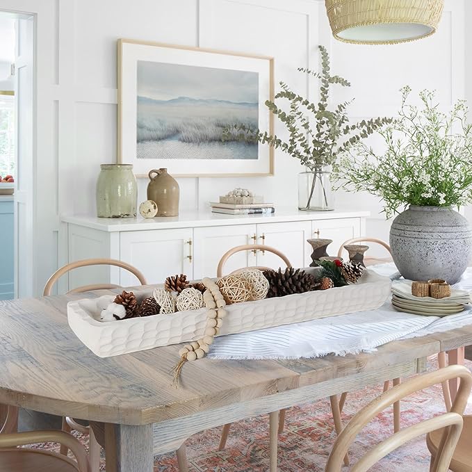 Oakrain 30 inches Large Decorative Bowl for Home Decor, White Dough Bowl with Hand Carved Irregular Texture, Unique Table Centerpieces, Wooden Home Decor Accents for Farmhouse Boho Rustic Style