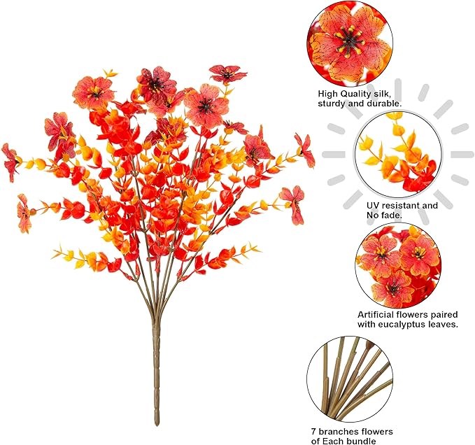 Artificial Fall Flowers Faux Mums for Outdoor Indoor Garden Home Decoration, Faux Flower Daisy with Eucalyptus Leaves Fake Plants Greenery Boxwood Porch Patio, 12 Bundles (Sunset)