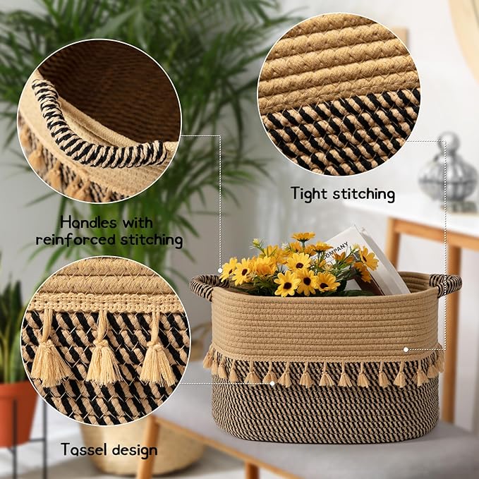 TeoKJ Set of 3 Baskets for Organizing, Decorative Rope Baskets for Storage, Storage for Pets, books, Pillows, Toys & Cloths, Black & Jute