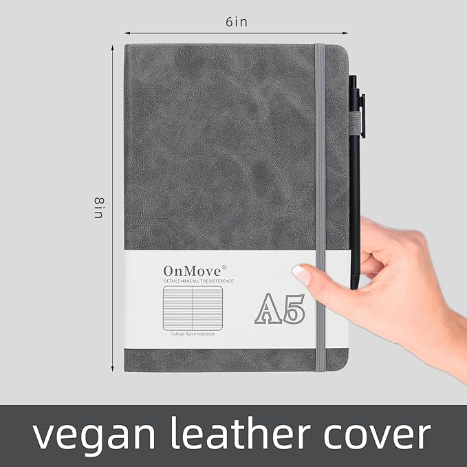 Notebooks Journal for Women Men 5 Pack Bulk Leather Hardcover with Pen Holder A5 160 Pages 100 GSM Thick Paper for Work School Lined Gray