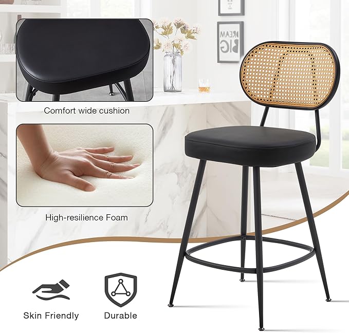 BFZ Counter Height Bar Stools Set of 2, 26" Seat Height Barstools with Rattan Back and Metal Legs, Upholstered Faux Leather Bar Chairs for Kitchen Island, Home Bar, Black
