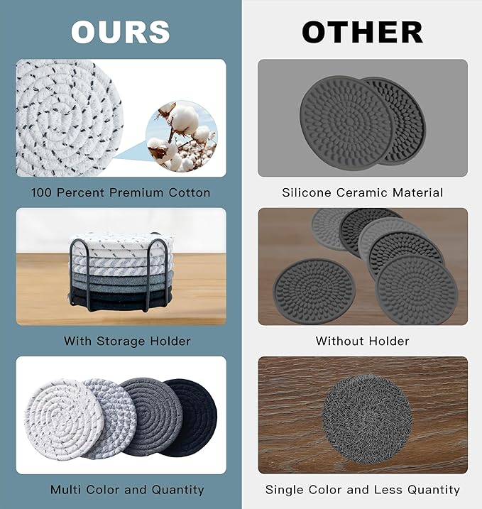 8 Pcs Drink Coasters with Holder, Coasters for Coffee Table, Absorbent Coaster Set for Living Room Decor Tabletop Protection, Coaster Set 4 - Color Cup (Gray Mix)