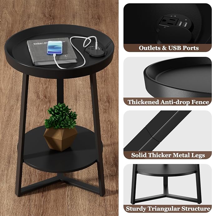 Gadroad Round End Table with Charging Station, USB Ports and Anti-Drop Fence, Wood Tabletop & Black Metal Frame, 2-Tier Side Table for Living Room, Bedroom, Black 15.7 * 15.7 * 23.0 inches