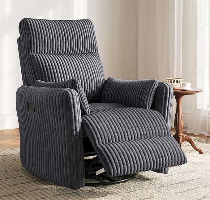 LINSY 360 Swivel Nursery Recliner - Corduroy Glider Rocking Chair with 2 Pillows, Comfy High Back Adult Recliner for Small Spaces, Nursery Bedroom Living Room Reclining Chairs, Grey