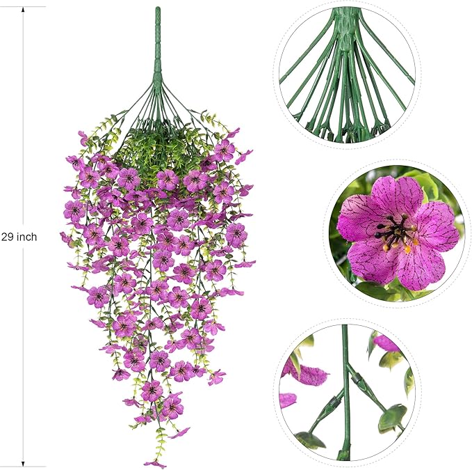 Artificial Hanging Flowers for Outdoors Faux Plants Decoration, 2 Packs Fake Silk Daisy Flower Realistic Outdoor Flowers UV Resistant Porch Patio Window Yard Outside Decor(Purple)