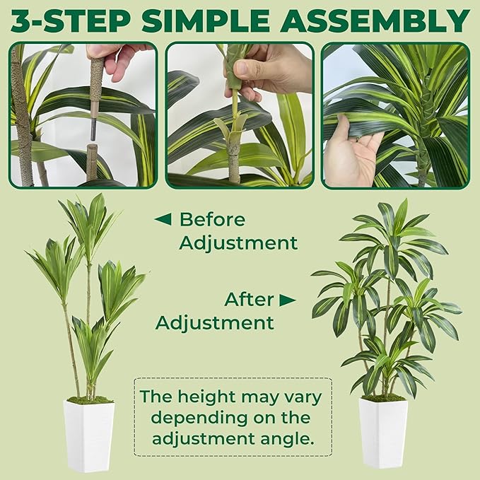 5FT Artificial Dracaena Tree with White Planter and Fake Green Moss - Real Touch Fake Plant for Home & Office Decor, Faux Yucca Indoor Floor Tree, Pre-Potted Plants,