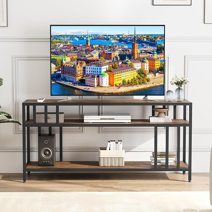 Garvee 58" TV Stand for Television up to 65 Inches, Entertainment Center with 3-Tier Open Shelves, TV Media Console Table with Quadruple-Tube Support for Living Room, Entryway, Rustic Brown