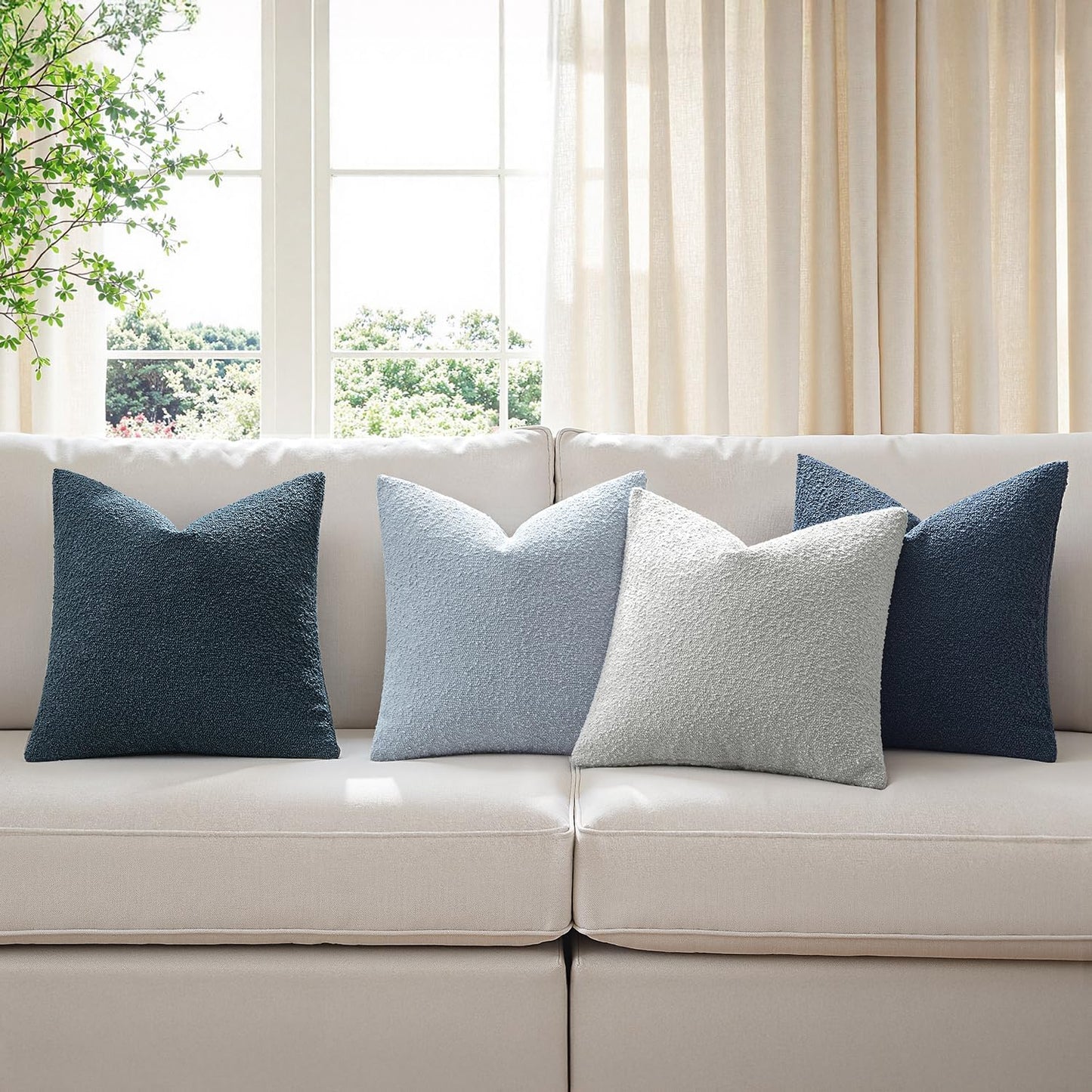 MIULEE Pack of 4 Decorative Textured Boucle Throw Pillow Covers 20x20 Inch Neutral Blue Accent Solid Pillow Cases Couch Cushion Covers for Modern Farmhouse Boho Chair Sofa Bed Livingroom Home Decor