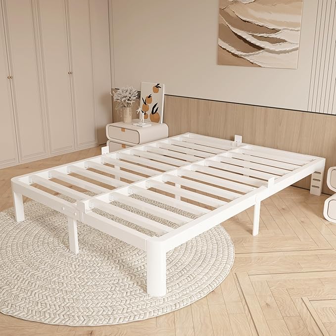 12 Inch Full Bed Frame, Platform Bed Frames with Metal Gaskets, Anti-Slip Mattress Stopper, No Box Spring Needed, Heavy Duty Steel Slat Support, Round Corner Leg, Easy Assembly, White