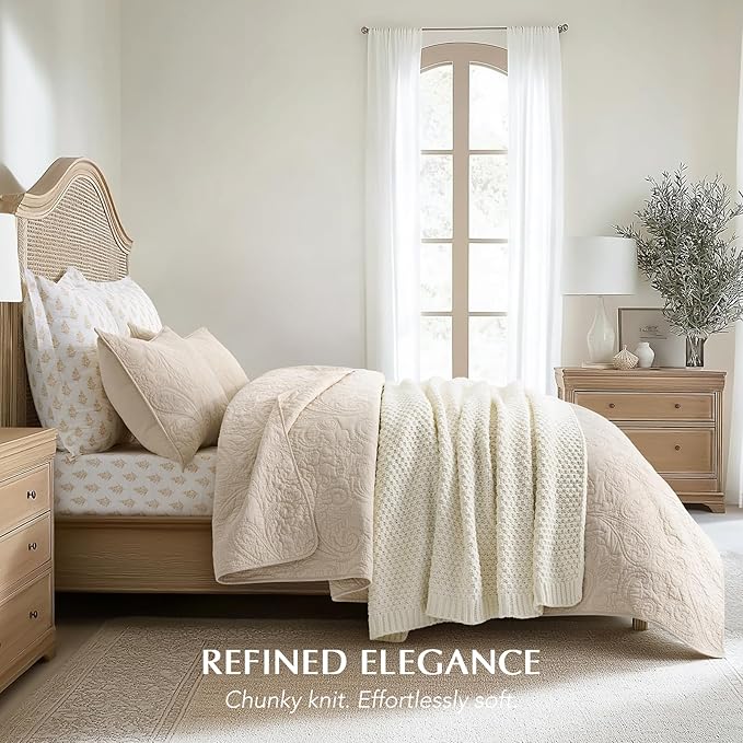 EVERGRACEHOME Chunky Chenille Knit Throw Blanket for Couch, Soft Luxurious Moss Stitch Blankets for Bed, Cozy Decorative Farmhouse Knitted Throws for Sofa, Ivory White, 60" x 80"