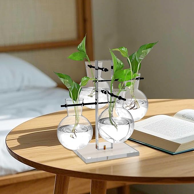 Plant Terrarium with Acrylic Stand Plant Propagation Station Air Planter 4 Bulb Glass Vase Metal Swivel Holder Plant Gift for Hydroponics Home Garden Office Decoration