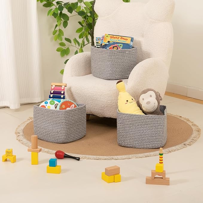 OIAHOMY 9”x9”x7” Storage Cubes, Cotton Rope Woven Baskets for Organizing, Cube Storage Bin, Small Gift Basket for Shelf, 3-Pack, Grey