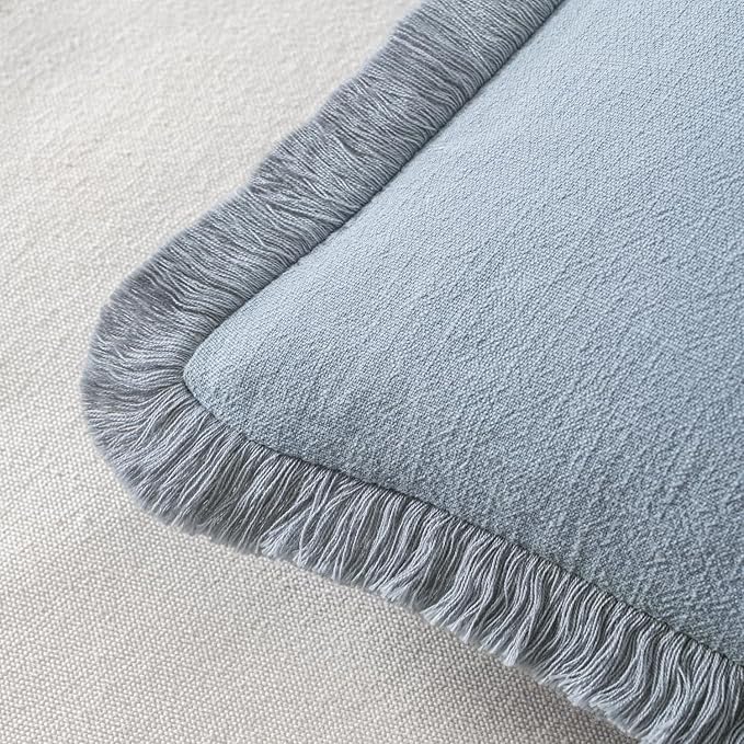 MIULEE Decorative Throw Pillow Covers Neutral Linen Fringe Throw Pillows Set of 2 Light Blue Boho Farmhouse Cushion Covers with Tassels for Couch Sofa Bed Living Room Spring Home Decor 18x18 Inch