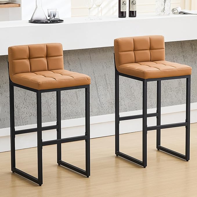 Bar Height Bar Stools Set of 2, Tall Counter Stool Barstools with Back, 30-inch Seat Height Island Stools Comfortable Bar Chairs for Kitchen Island (Caramel Brown, 2Pcs 30" Bar Stools)