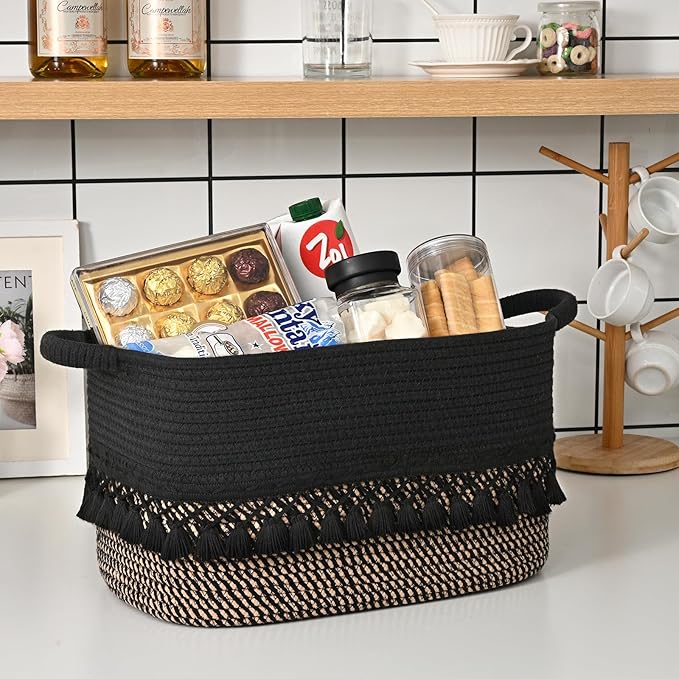6 Pack Storage Basket for Shelves, Boho Cotton Rope Storage Bins with Heavy Tassel, Shelf Baskets Large Woven Baskets for Organizing, Cube Organizer Bins, Baby Laundry Basket for Clothes, Toys, Pets