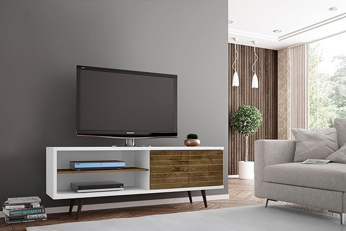 Manhattan Comfort Liberty Collection Mid Century Modern TV Stand With One Cabinet and Two Open Shelves With Splayed Legs, Wood/White, Medium, Model Number: 201AMC69