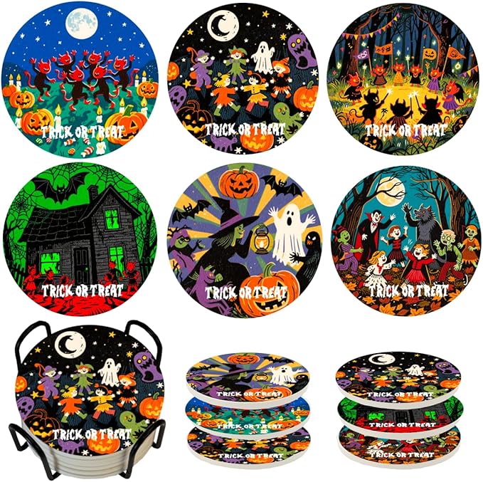 Halloween Coasters Set of 6 with Holder - Spooky Cute Matte Ceramic Drink Coasters, Wall Art & Table Decor for Home, Office, Party | Halloween Decorations Gift