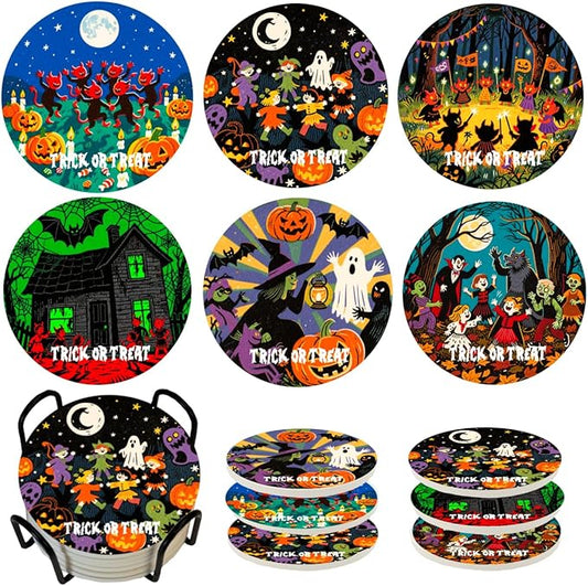 Halloween Coasters Set of 6 with Holder - Spooky Cute Matte Ceramic Drink Coasters, Wall Art & Table Decor for Home, Office, Party | Halloween Decorations Gift