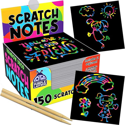 PURPLE LADYBUG 150 Rainbow Scratch Art Mini Notes - Arts and Crafts Supplies, Fun & Colorful Scratch Paper for Kids & Teens Gift, Classroom School Supplies, Back to School Gift, Travel, Camping