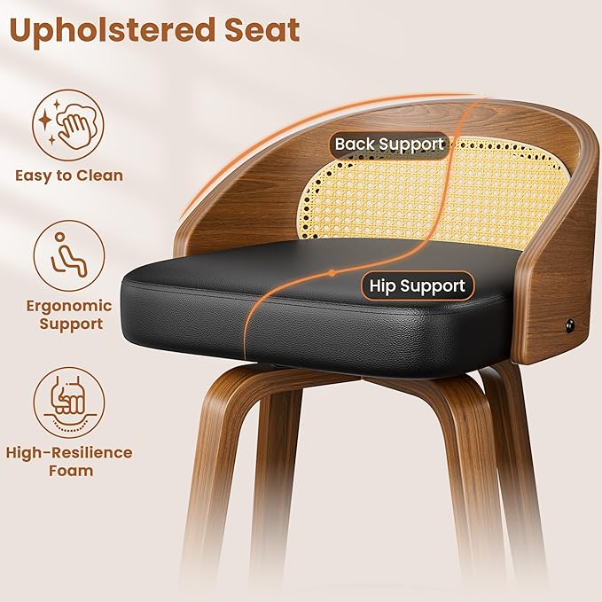 Swivel Bar Stools Set of 6, 26" Upholstered Faux Leather Barstools with Bentwood Legs, Mid Century Modern Counter Height Bar Stools with Rattan Back for Kitchen Island, Dining Room, Black