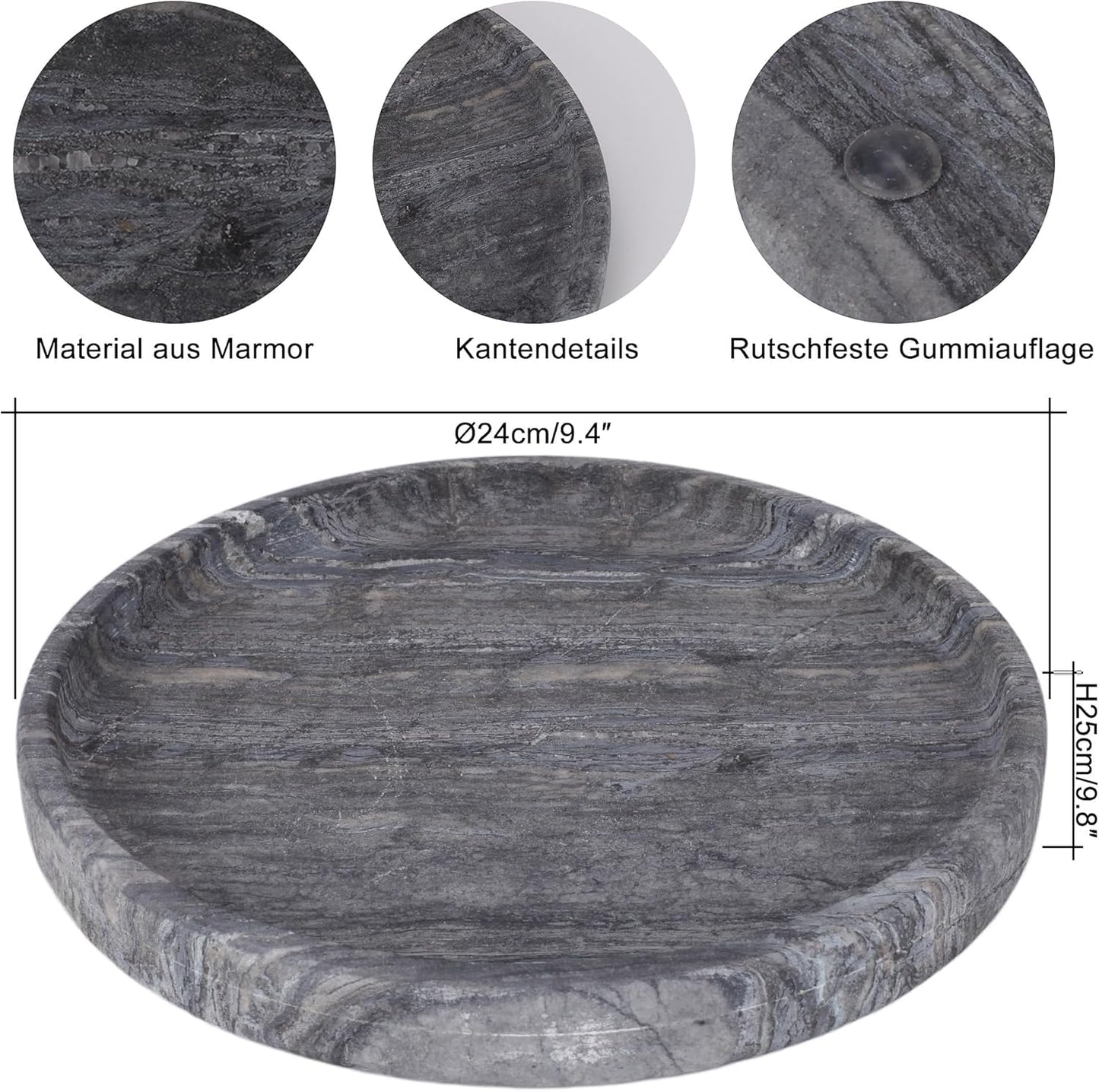 WORHE Natural Marble Vanity Tray for Bathroom Bedroom Kitchen Dresser, Round Decorative Trays for Jewelry, Perfume, Cosmetic, Candle, Countertop Storage Organizer for Home Decor Gray Black (WH017)