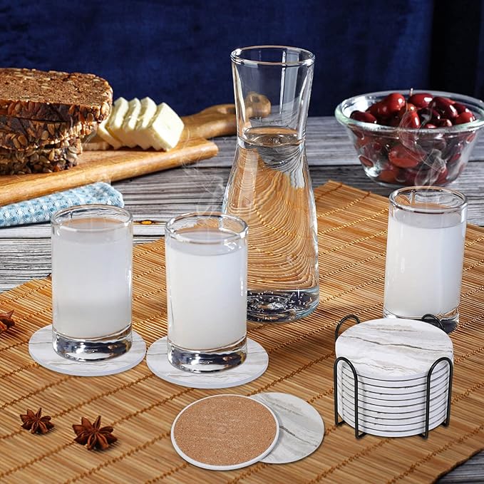 Caffox Coasters Set of 10, Absorbent Drink Coasters with Holder, Marble Style Ceramic Coaster for Wooden Table, Home Decor, 4 Inches(Griege)