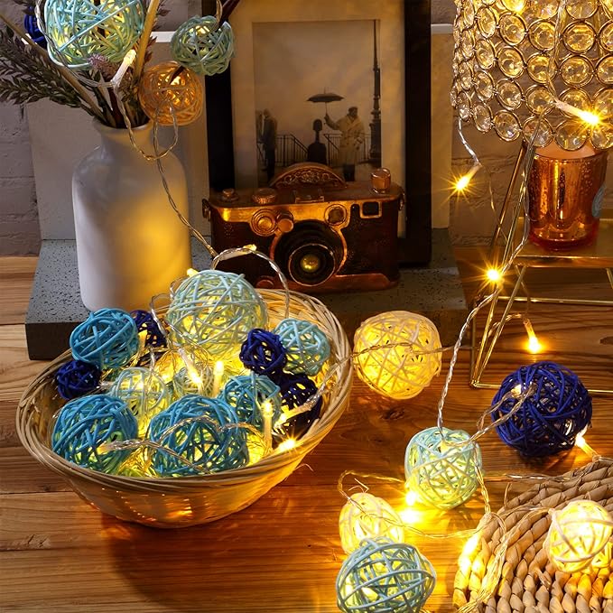 Patelai 36 Pcs Wicker Rattan Balls Decorative Balls for Vase Centerpiece Bowls Orbs Filler for Home Decor,4 Sizes(White, Blue Series)