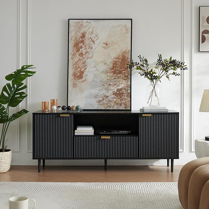 Okvnbjk Black TV Stand for 65 Inch TV, TV Consoles for Living Room, TV Stand for Bedroom w/Drawer and Storage, Wood Fluted Panel Media Console, Entertainment Center w/Soft Hinge & Cable Management